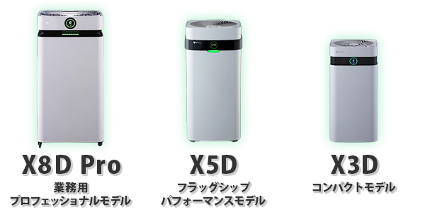 Airdog三機種の写真。大きい方から順にX8D Pro、X5D、X3D。
